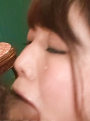 Megumi Shino Asian gets cum from sucking two dongs with talent